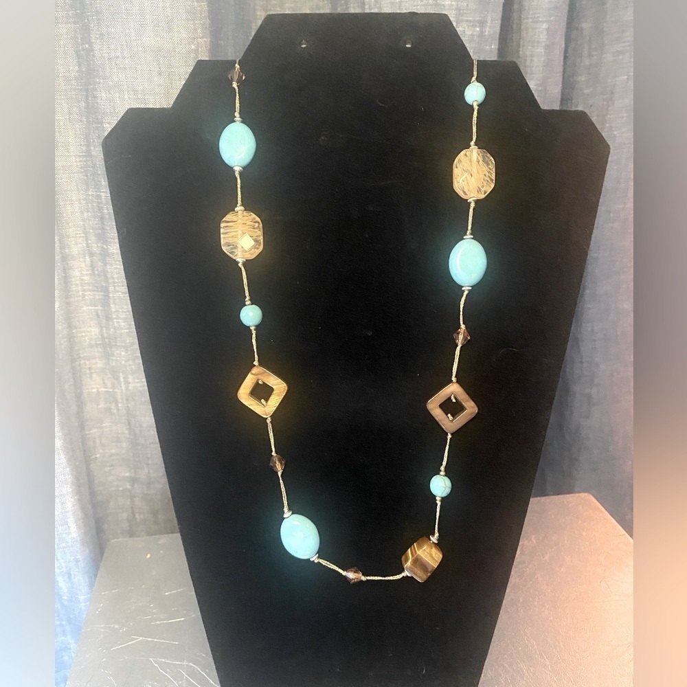 Vintage Premier Designs Long Beaded Statement Necklace – Turquoise & Brown